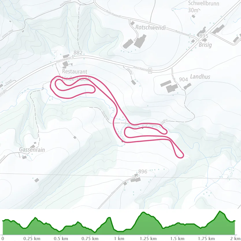 Karte der 2 km langen Nachtloipe mit Streckenverlauf und Höhenprofil